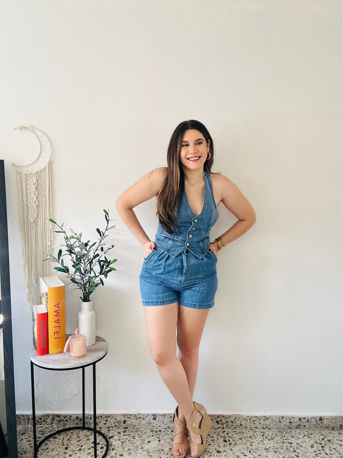 dopen back denim romper