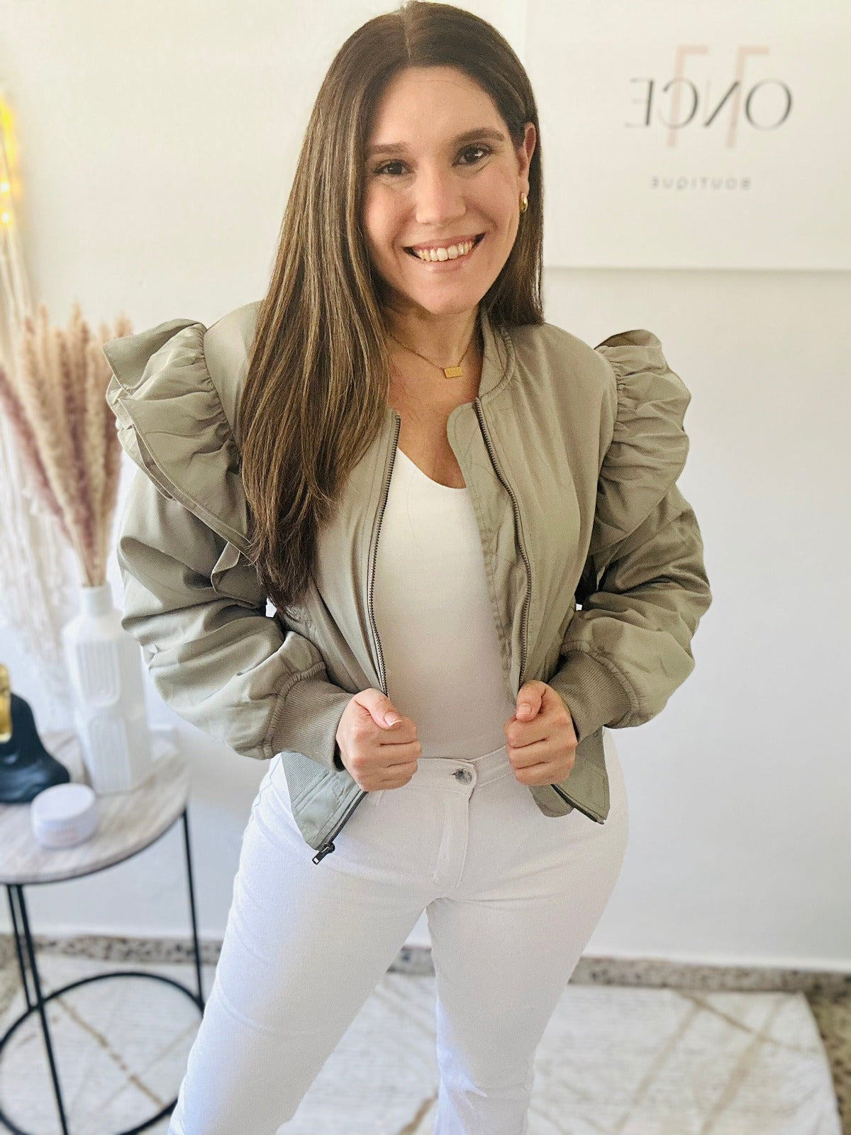 Ruffled Olive Bomber Jacket